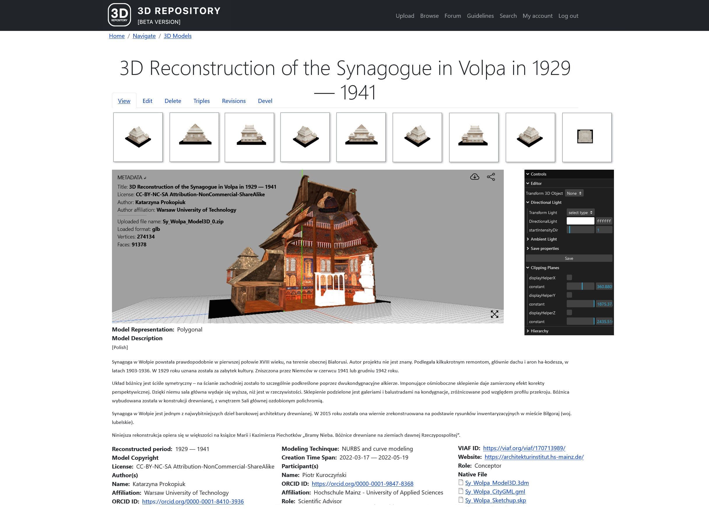 Picture of Fig. 3 Entry of reconstruction of the Synagogue in Volpa by Katarzyna Prokopiuk in WissKI-based 3D Repository