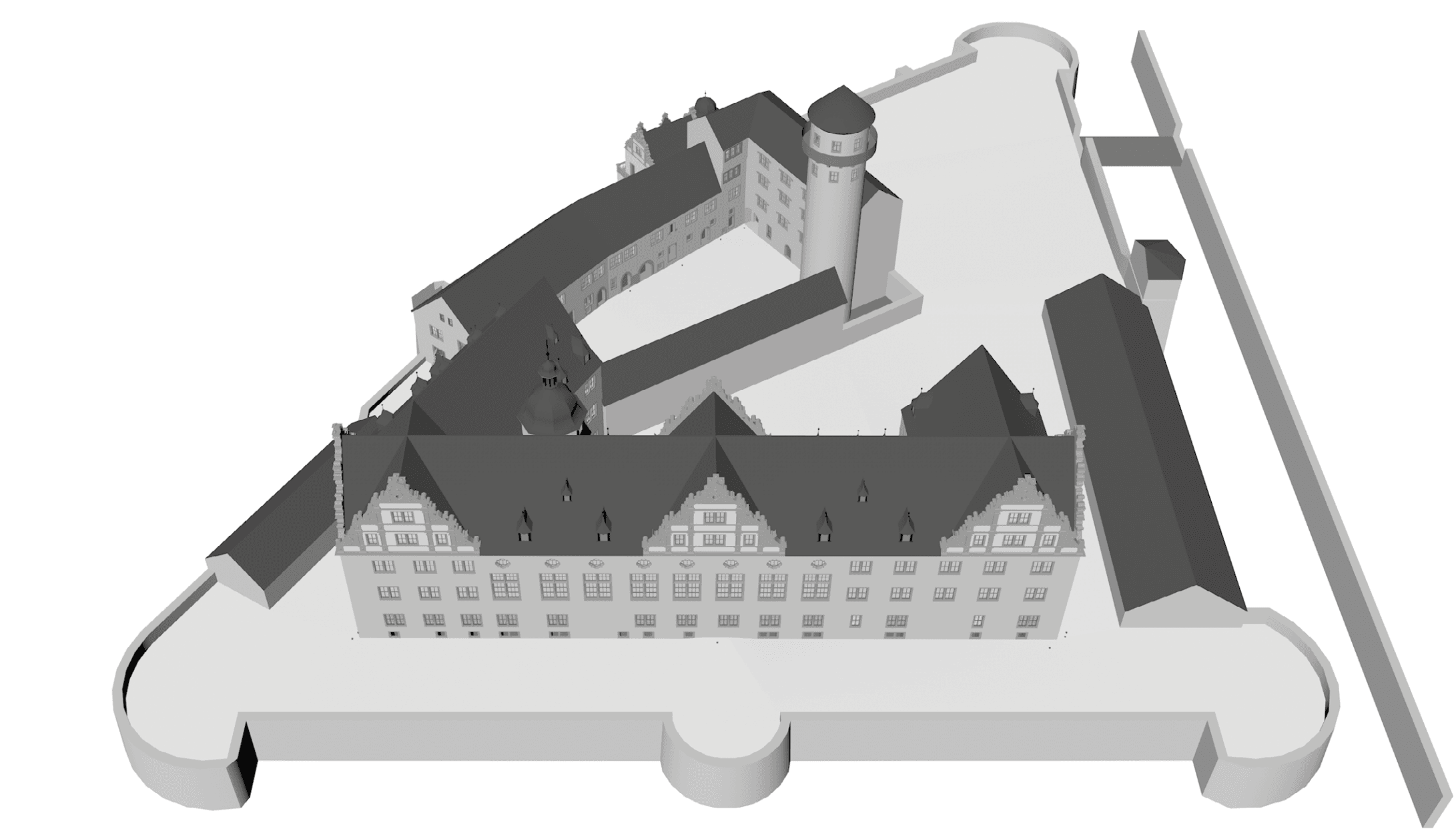 Picture of Schloss Weikersheim aus der Vogelperspektive von Süden. Ansicht des 3D-Modells. Zustand um 1600. 