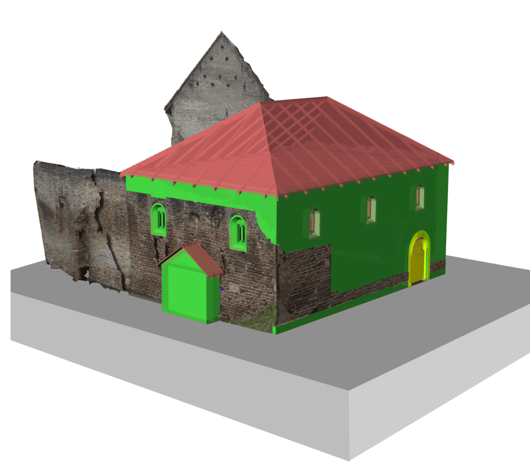 Picture of Fig. 3 Digital 3D reconstruction of the Speyer synagogue in its second Romanesque phase. In this case, the mesh has been used to visualise the still existing parts of the building, whereas a non-photorealistic model with colours indicating the different degrees of uncertainty represent all the source-based reconstructed elements.