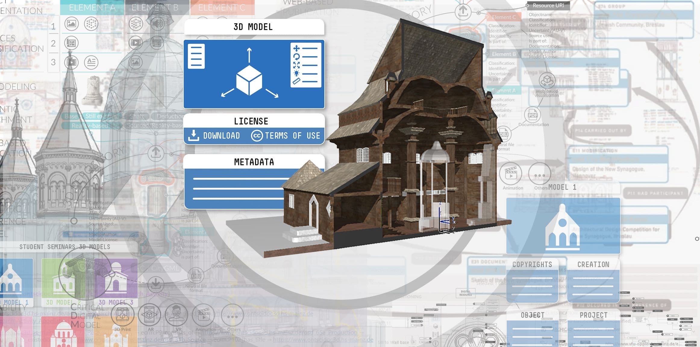 Picture of Compilation of dGraphic compilation of research on the range of docuemtnation methods with visualisation of the 3D reconstruction of the Olkieniki Synagogue.