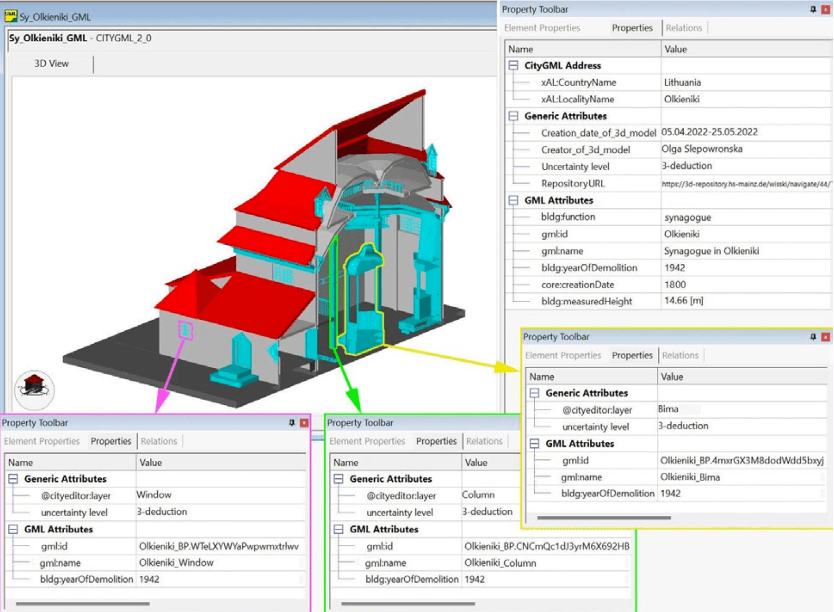 Picture of Fig. 4 Section of Olkieniki Synagogue with information related to uncertainty included within the properties of both the entire building and its elements. Information is stored in a CityGML file, here opened with a free viewer (FZK viewer).